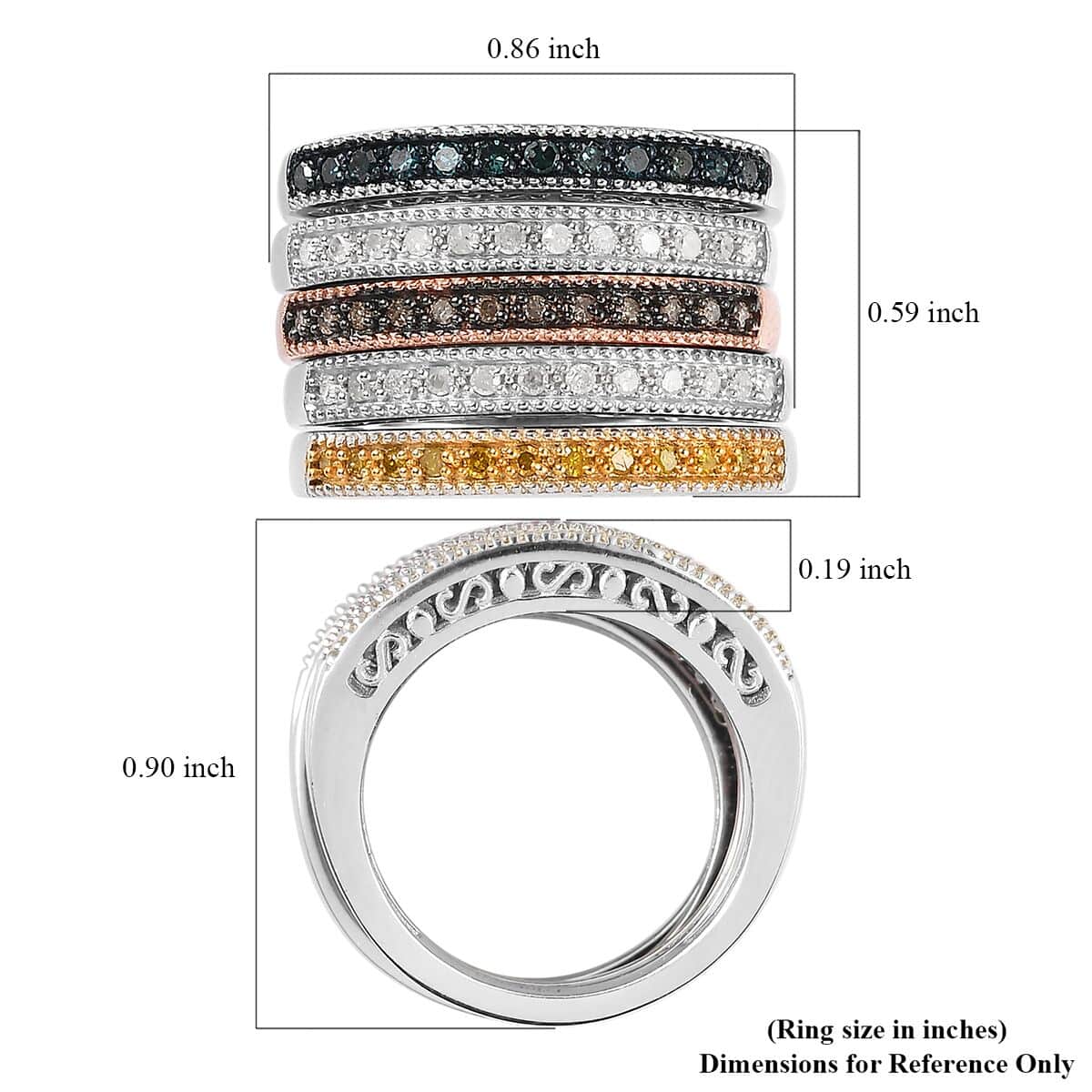 Set of 5 Multi Diamond Ring in Rhodium, Vermeil Rose Gold and Platinum Over Sterling Silver (Size 7) 9 Grams 0.50 ctw image number 6