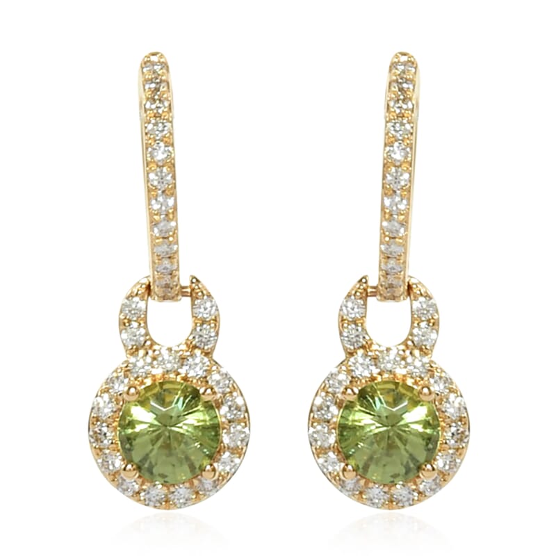 Iliana 1.45 ctw AAA Demantoid Garnet and Diamond G-H SI Dangle Hugie Hoop Earrings in 18K Yellow Gold 3.81 Grams