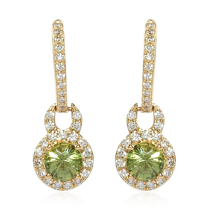 Iliana 1.45 ctw AAA Demantoid Garnet and Diamond G-H SI Dangle Hugie Hoop Earrings in 18K Yellow Gold 3.81 Grams