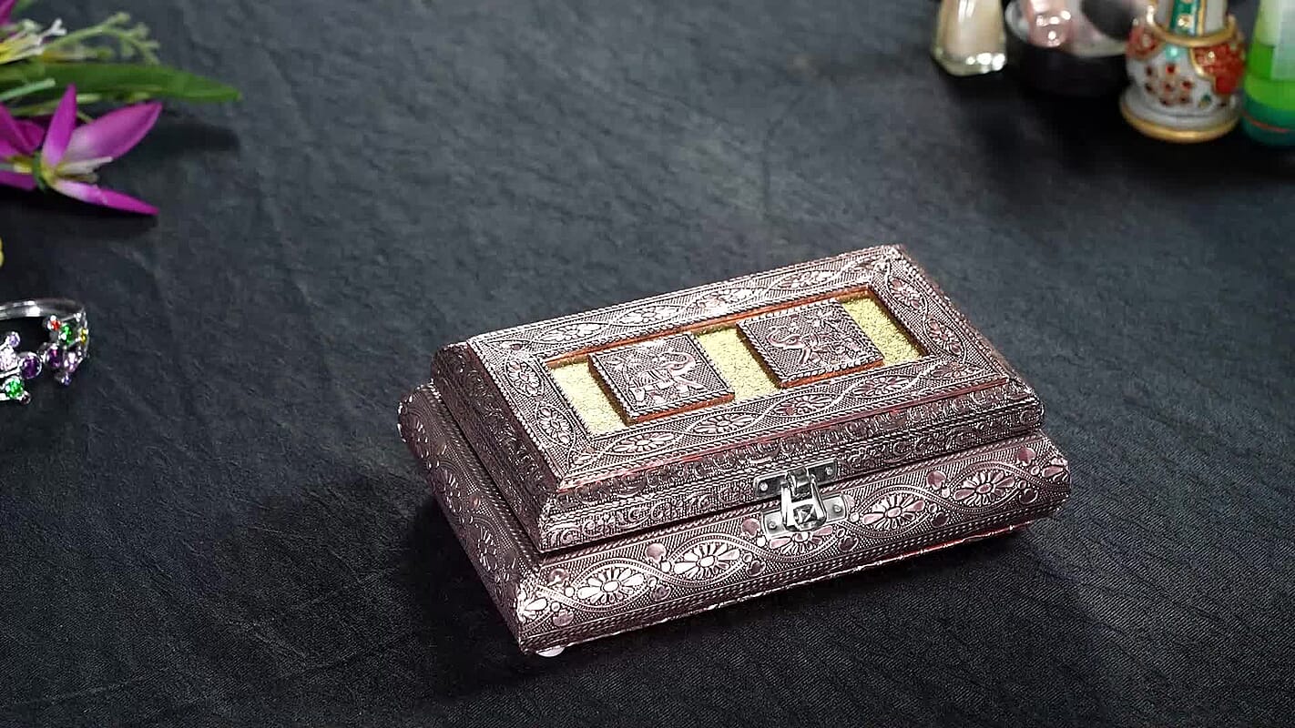 Handcrafted Elephant Embossed Bronze Aluminum Jewelry Box (8x4x2.75)
