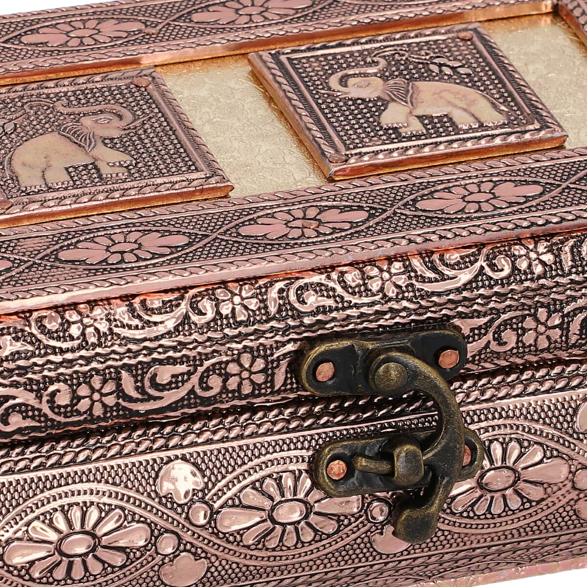 Handcrafted Elephant Embossed Bronze Aluminum Jewelry Box (8x4x2.75) image number 5