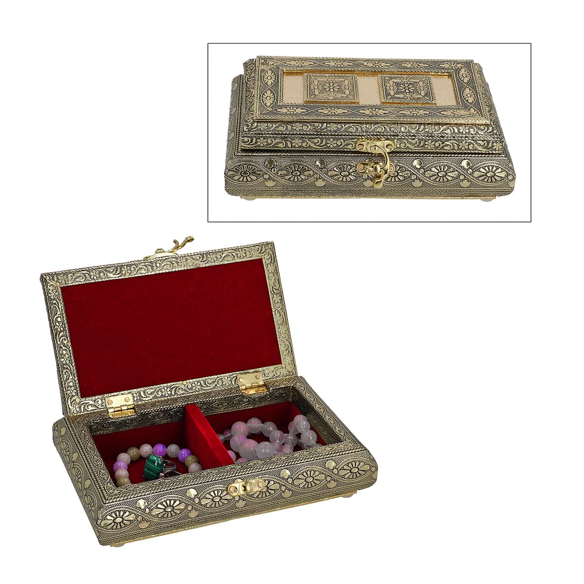 Handcrafted Floral Embossed Golden Aluminum Jewelry Box (8x4x2.75) image number 0