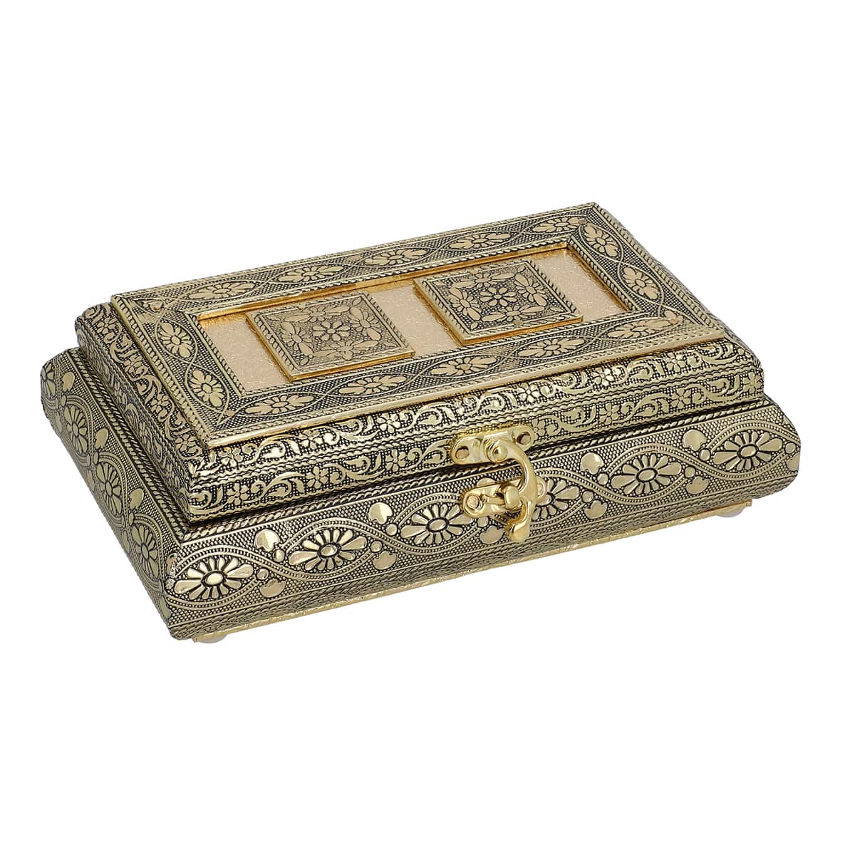 Handcrafted Floral Embossed Golden Aluminum Jewelry Box (8x4x2.75) image number 2