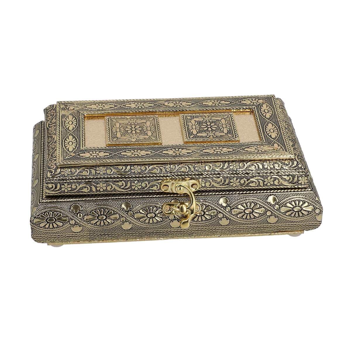 Handcrafted Floral Embossed Golden Aluminum Jewelry Box (8x4x2.75) image number 4