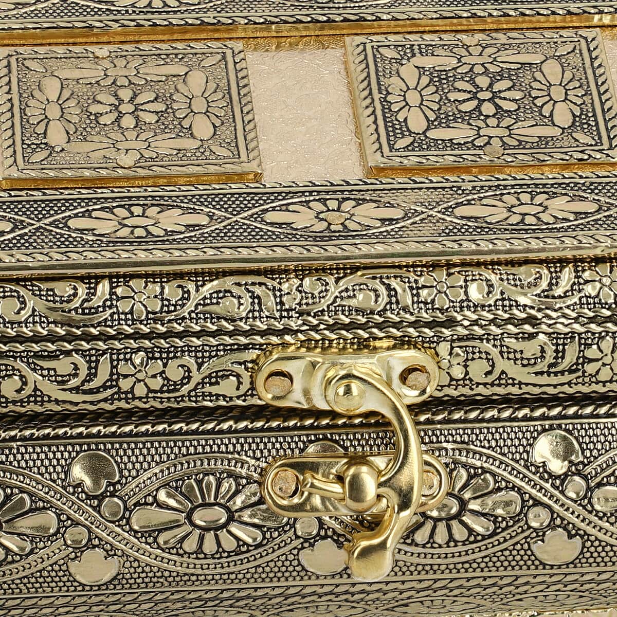 Handcrafted Floral Embossed Golden Aluminum Jewelry Box (8x4x2.75) image number 5