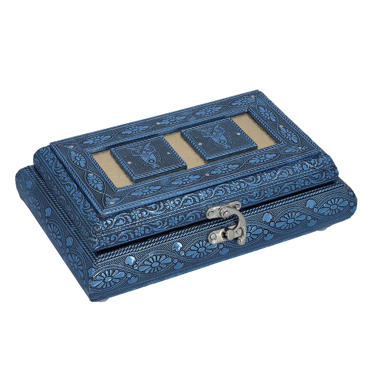 Handcrafted Owl Embossed Blue Aluminum Jewelry Box (8x4x2.75) image number 2
