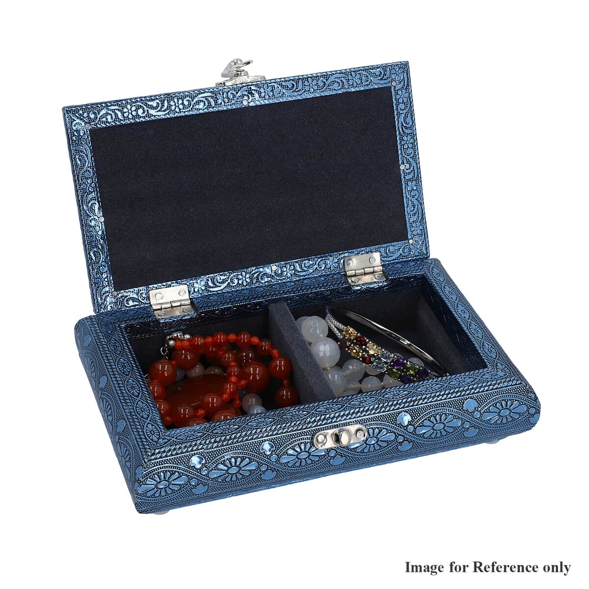 Handcrafted Owl Embossed Blue Aluminum Jewelry Box (8x4x2.75) image number 3
