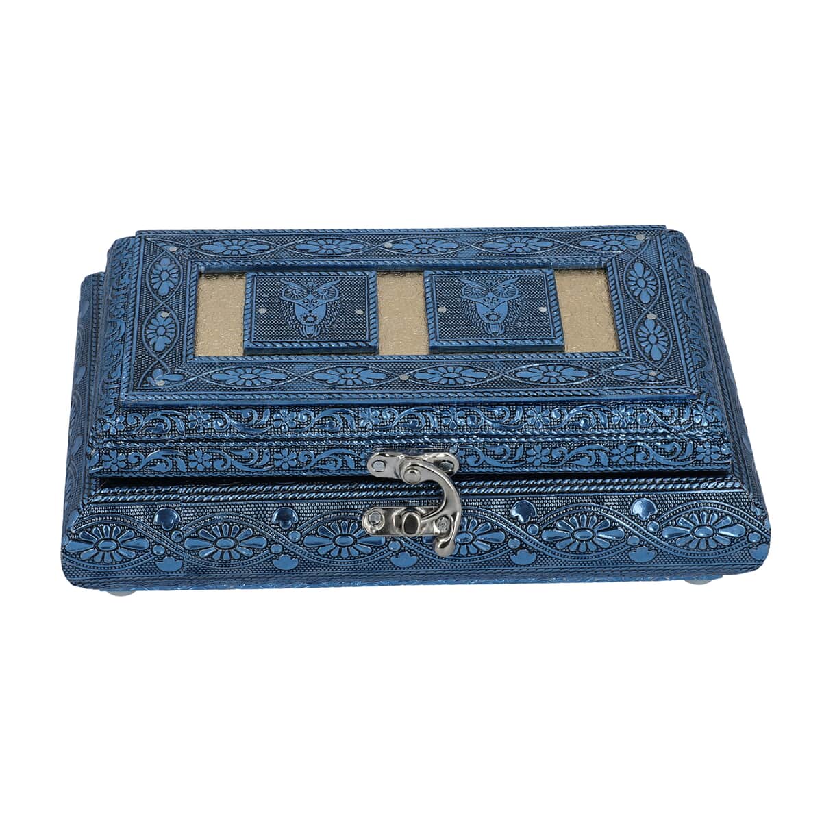 Handcrafted Owl Embossed Blue Aluminum Jewelry Box (8x4x2.75) image number 4