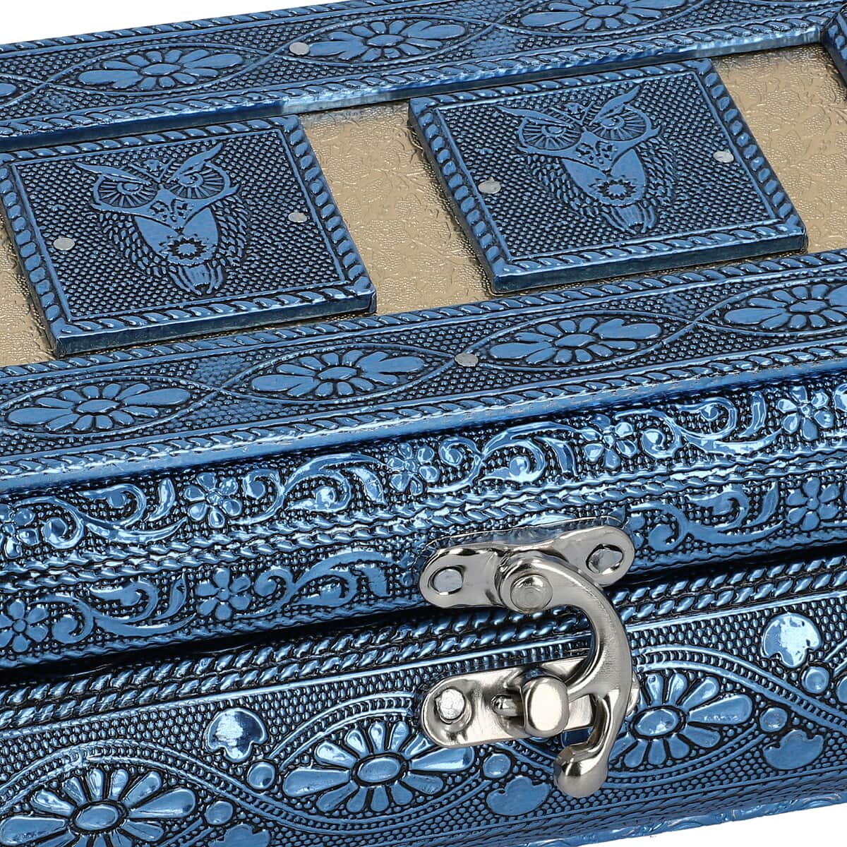 Handcrafted Owl Embossed Blue Aluminum Jewelry Box (8x4x2.75) image number 5