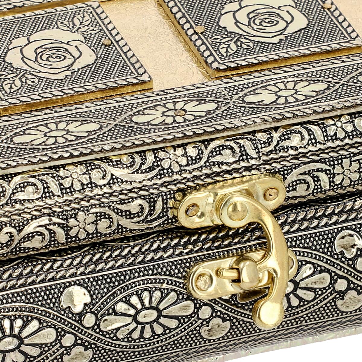 Handcrafted Rose Embossed Golden Aluminum Jewelry Box (8x4x2.75) image number 5