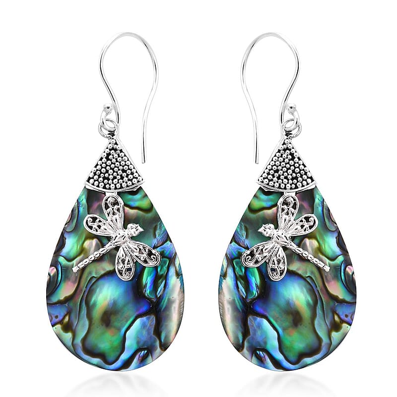 Abalone Shell Dragonfly Earrings in Sterling Silver, Drop Earrings For Women, Beach Jewelry