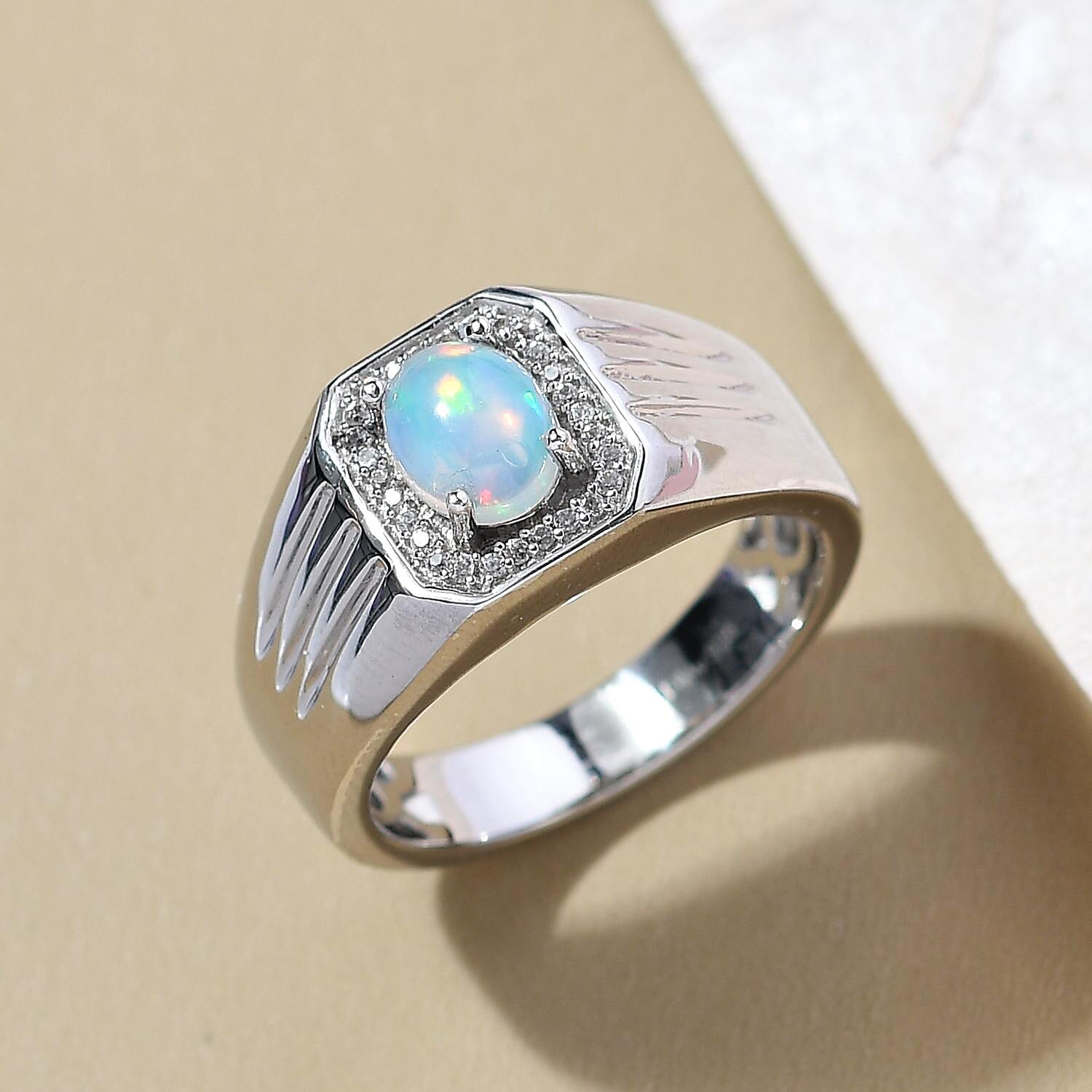 Premium Ethiopian Welo Opal and Natural White Zircon Men's Ring in Platinum Over Sterling Silver (Size 10.0) 8.50 Grams 1.00 ctw