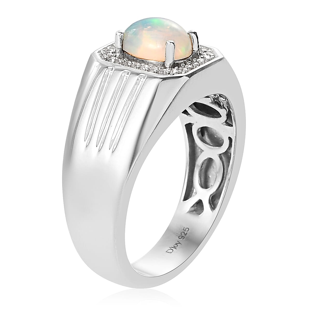 Premium Ethiopian Welo Opal and Natural White Zircon Men's Ring in Platinum Over Sterling Silver (Size 10.0) 8.50 Grams 1.00 ctw