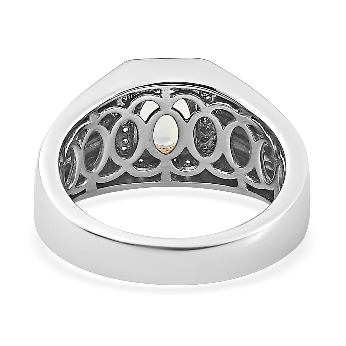 Premium Ethiopian Welo Opal and Natural White Zircon Men's Ring in Platinum Over Sterling Silver (Size 10.0) 8.50 Grams 1.00 ctw