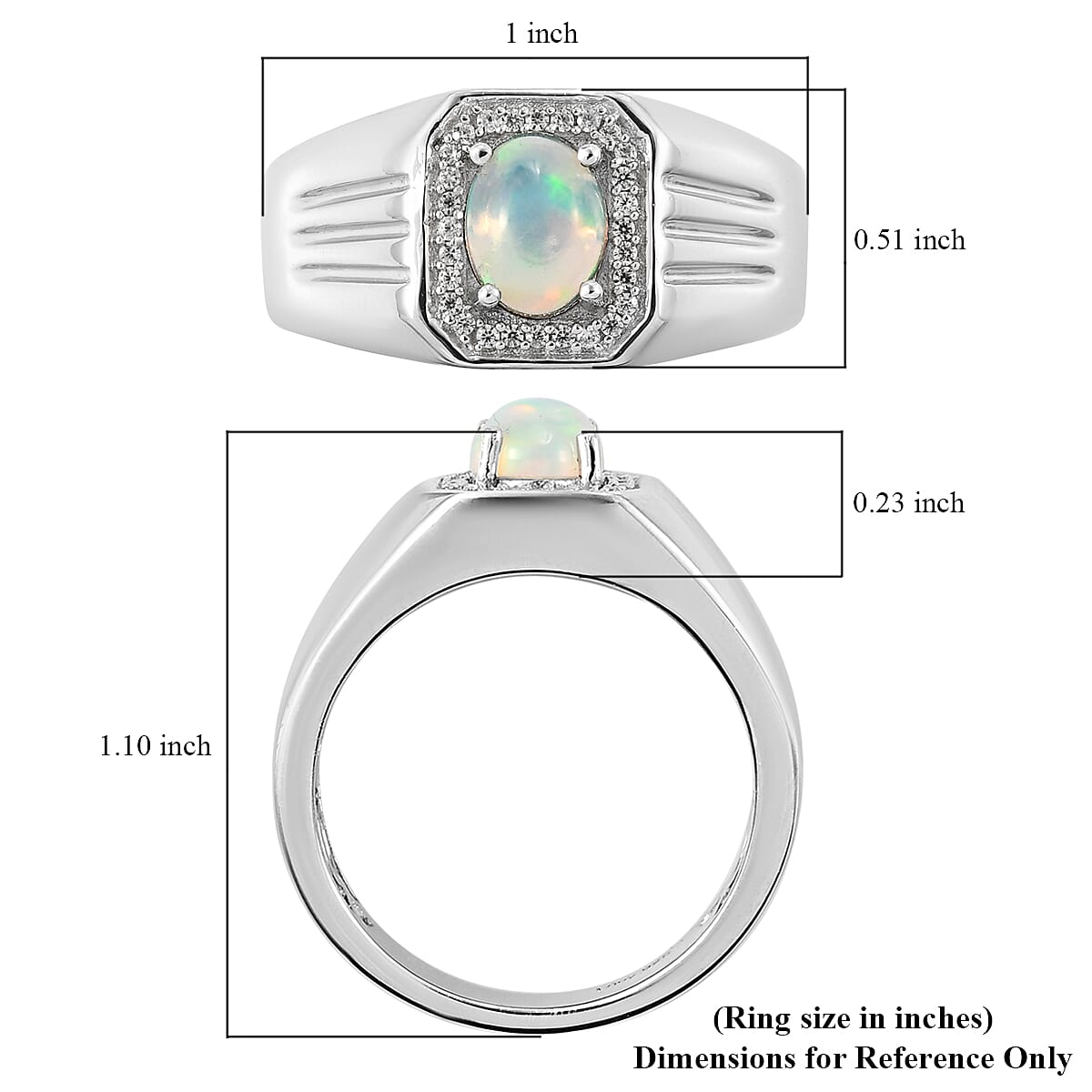 Premium Ethiopian Welo Opal and Natural White Zircon Men's Ring in Platinum Over Sterling Silver (Size 10.0) 8.50 Grams 1.00 ctw
