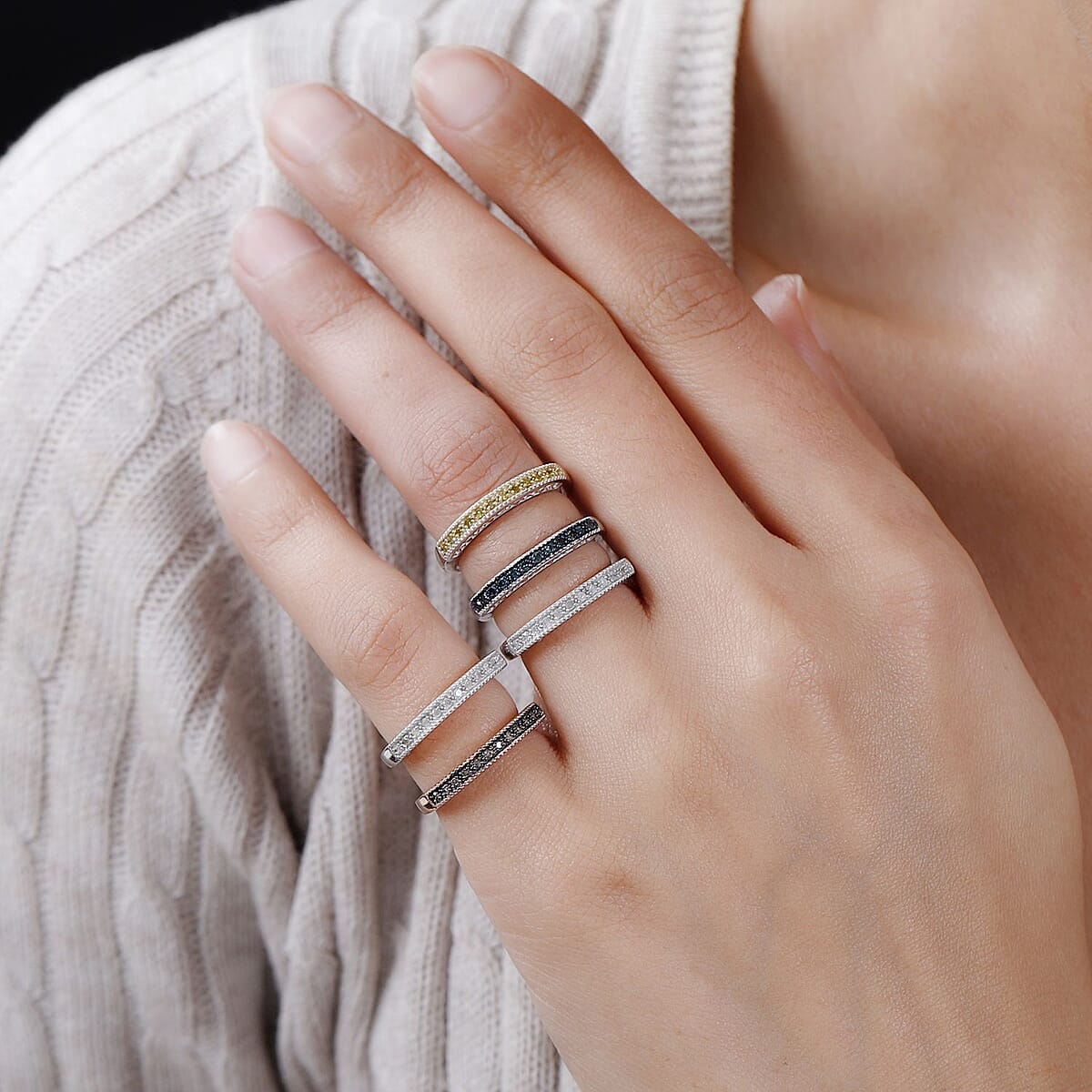 Buy Set of Multi Diamond Ring in Rhodium, Vermeil Rose Gold