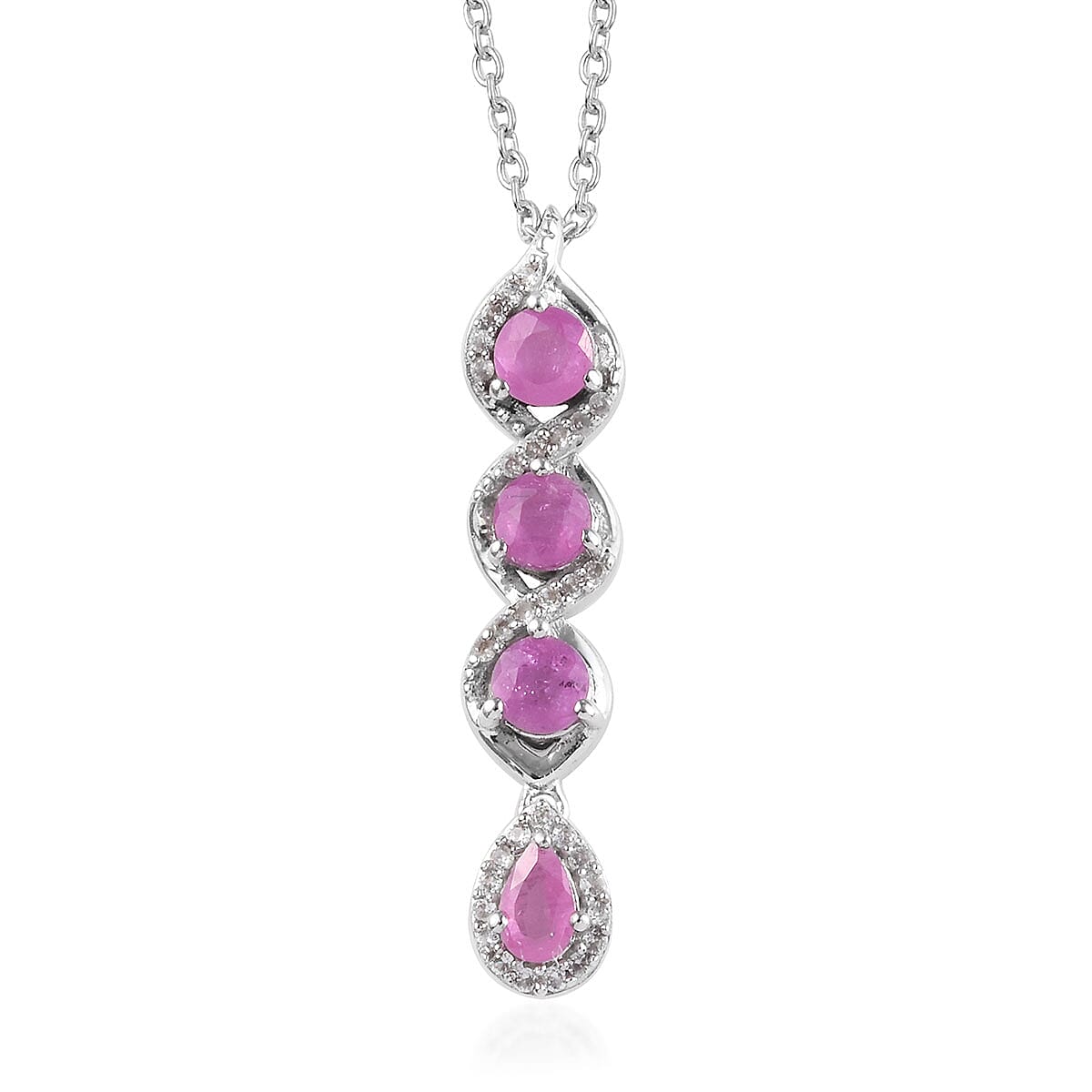 Ilakaka Hot Pink Sapphire and Natural White Zircon Pendant Necklace 20 Inches in Platinum Over Sterling Silver 1.65 ctw