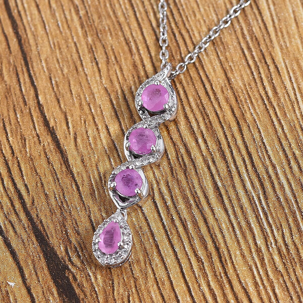 Ilakaka Hot Pink Sapphire and Natural White Zircon Pendant Necklace 20 Inches in Platinum Over Sterling Silver 1.65 ctw