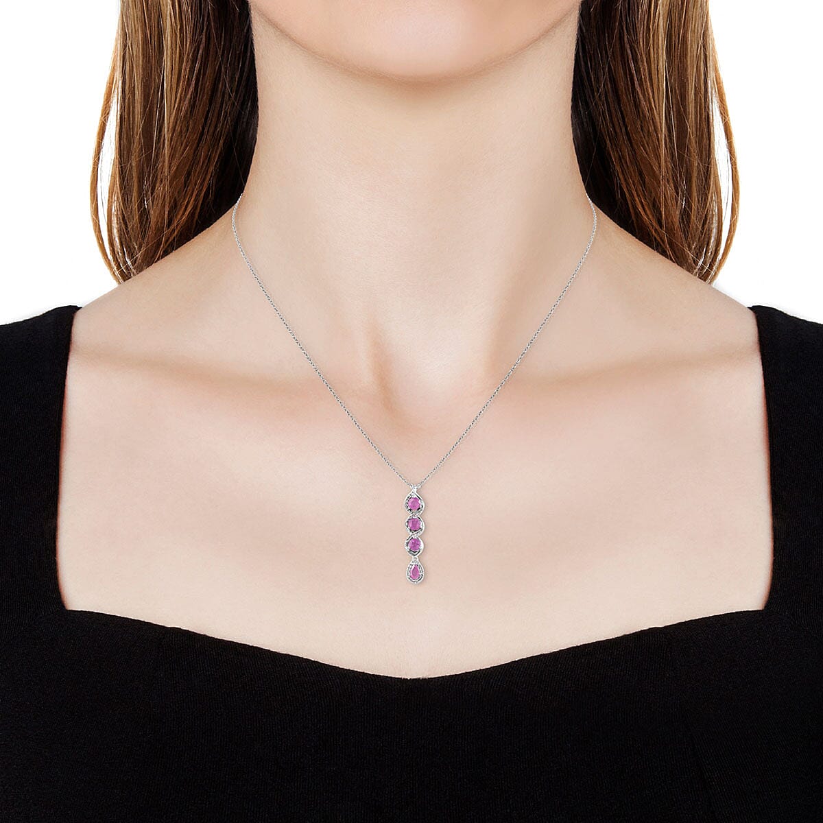 Ilakaka Hot Pink Sapphire and Natural White Zircon Pendant Necklace 20 Inches in Platinum Over Sterling Silver 1.65 ctw