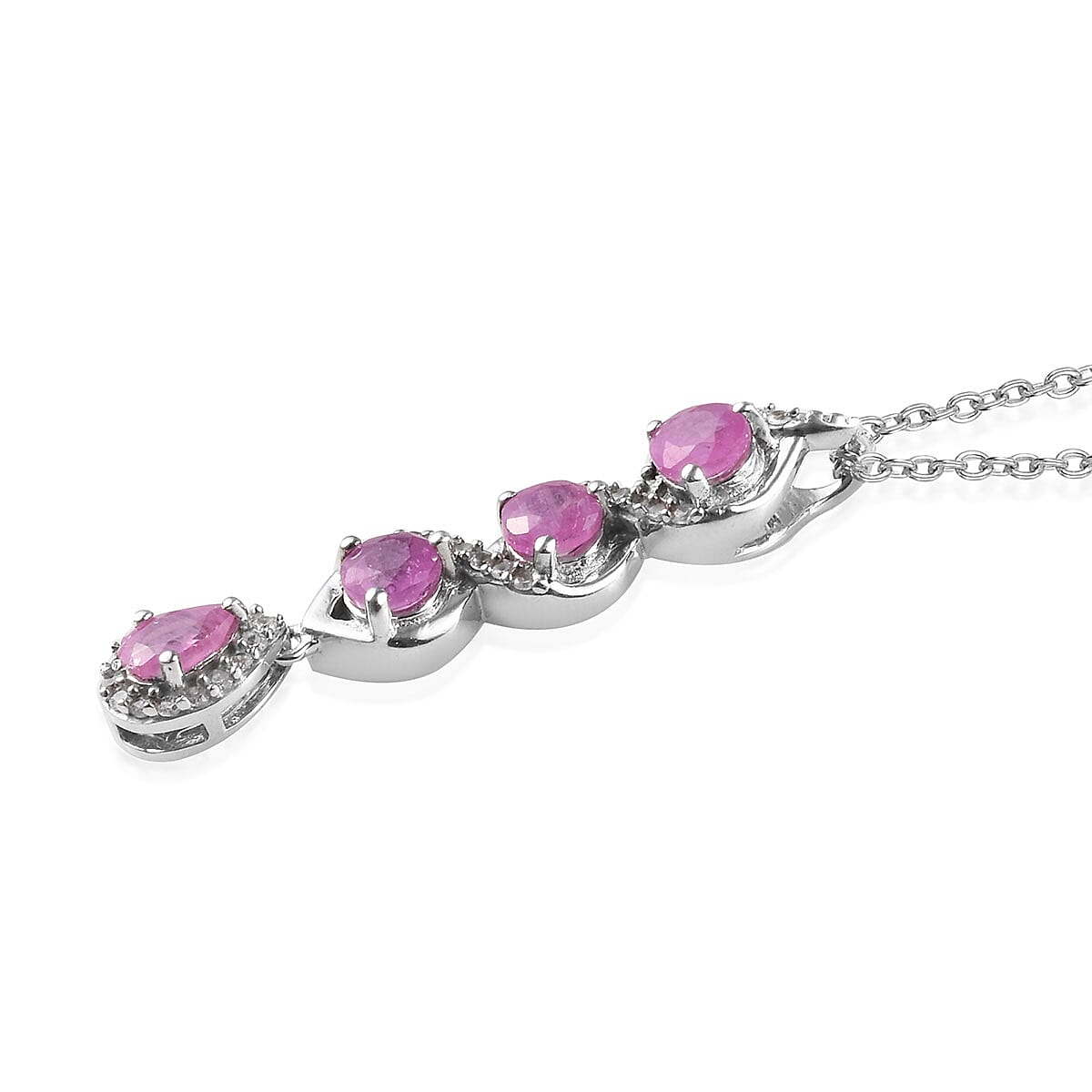 Ilakaka Hot Pink Sapphire and Natural White Zircon Pendant Necklace 20 Inches in Platinum Over Sterling Silver 1.65 ctw