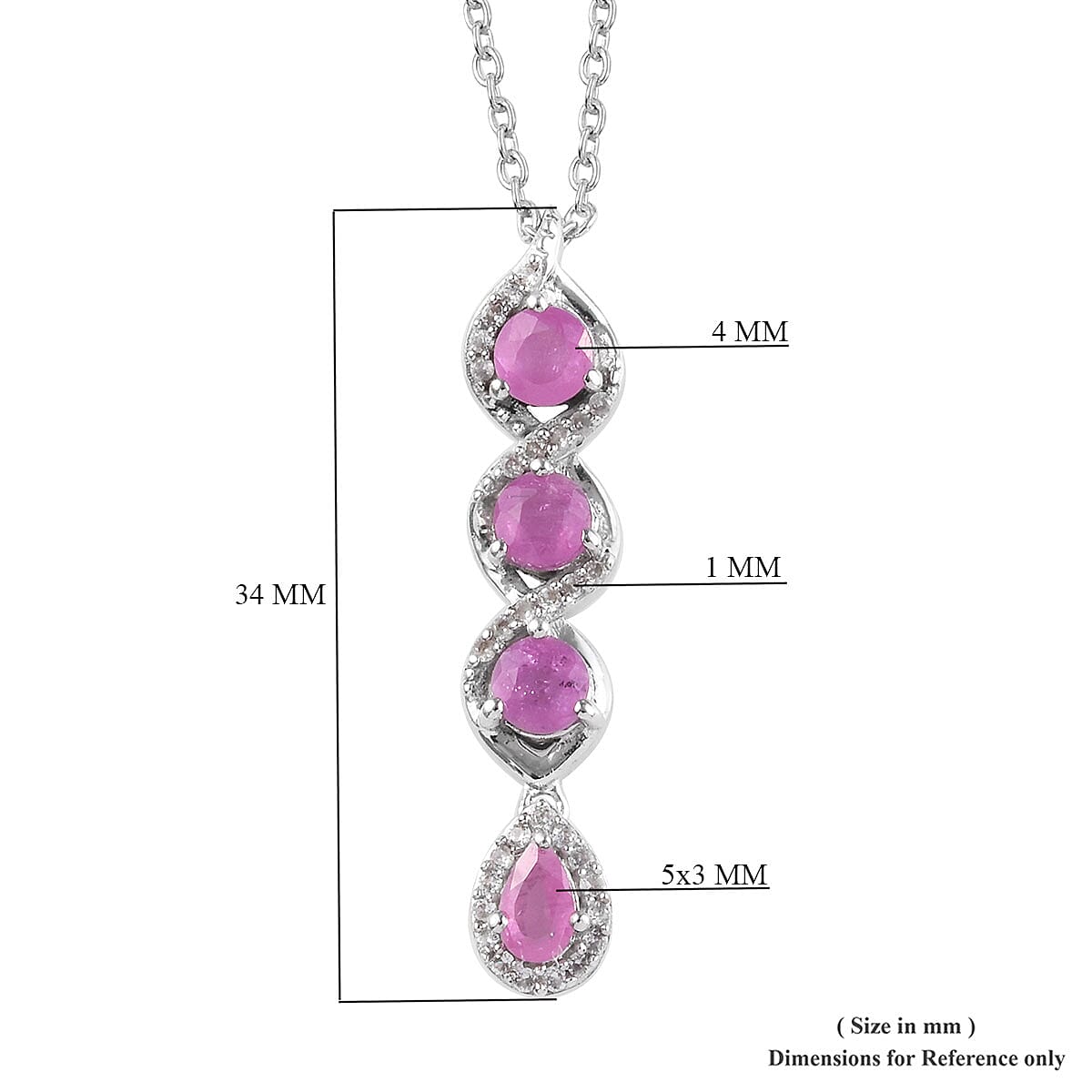 Ilakaka Hot Pink Sapphire and Natural White Zircon Pendant Necklace 20 Inches in Platinum Over Sterling Silver 1.65 ctw