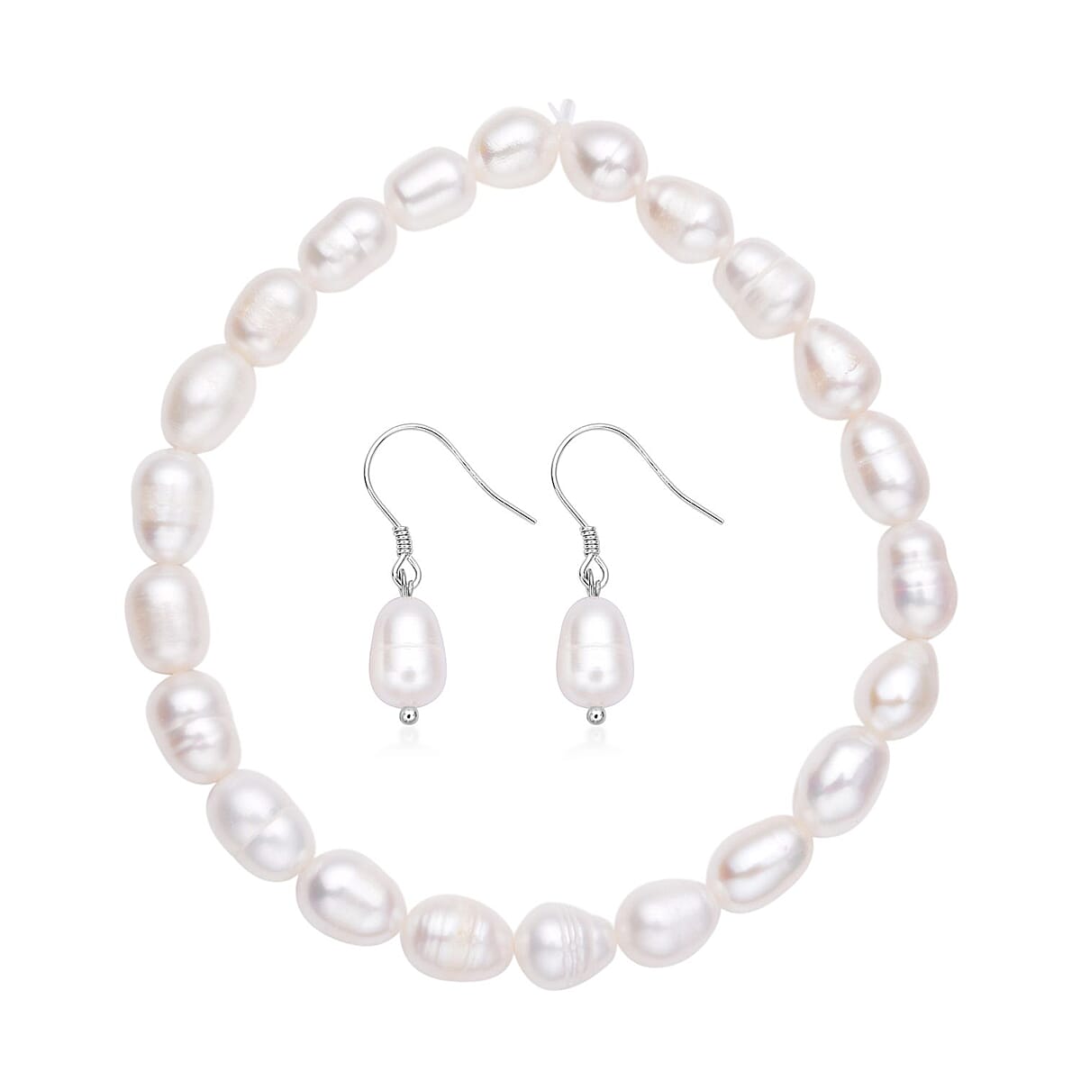 Freshwater Cultured Pearl Stretch Bracelet and Earrings in Sterling Silver image number 0