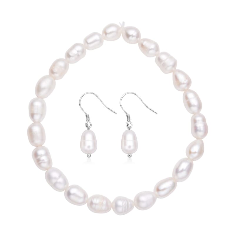 Freshwater Cultured Pearl Stretch Bracelet and Earrings in Sterling Silver