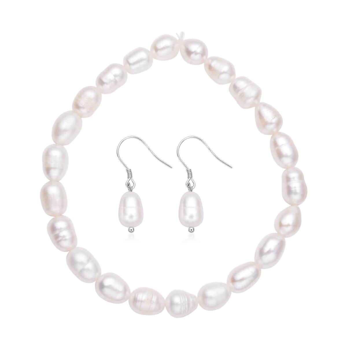 Freshwater Cultured Pearl Stretch Bracelet and Earrings in Sterling Silver image number 0