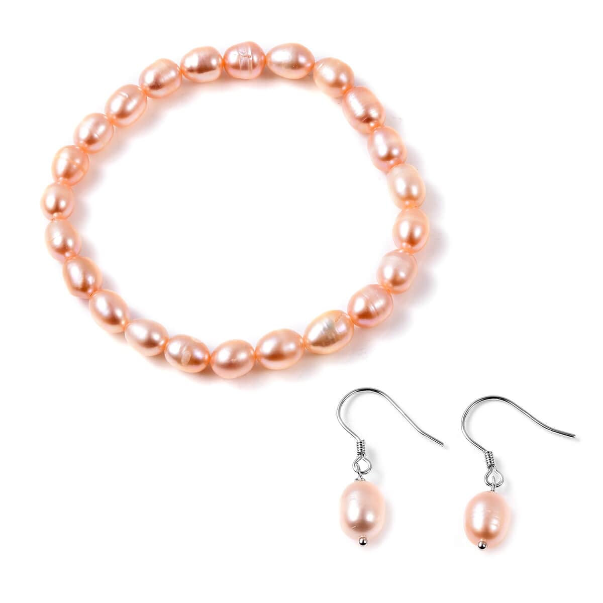 Freshwater Peach Cultured Pearl Stretch Bracelet and Earrings in Sterling Silver image number 0