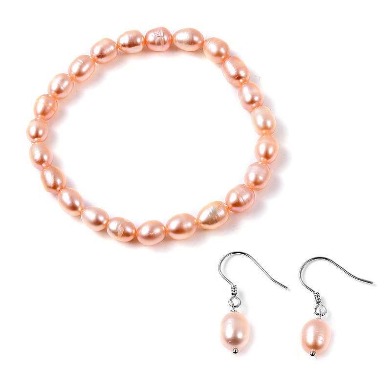 Freshwater Peach Cultured Pearl Stretch Bracelet and Earrings in Sterling Silver
