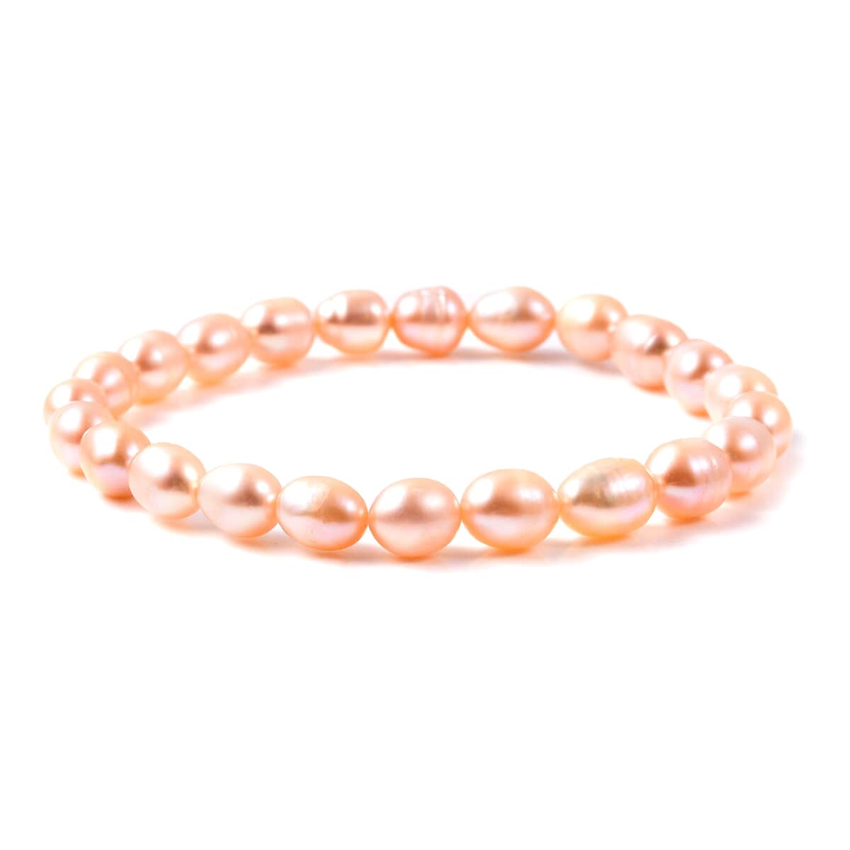 Freshwater Peach Cultured Pearl Stretch Bracelet and Earrings in Sterling Silver image number 1