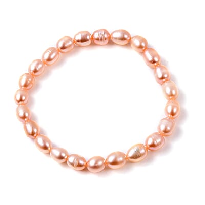 Freshwater Peach Cultured Pearl Stretch Bracelet and Earrings in Sterling Silver