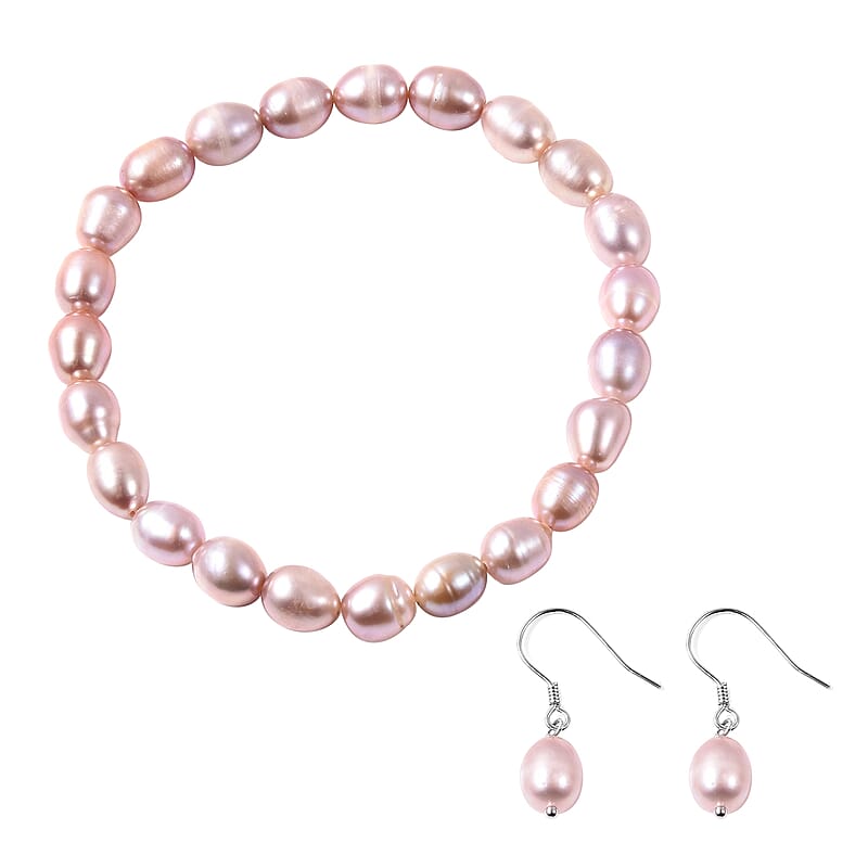 Freshwater Purple Cultured Pearl Stretch Bracelet and Earrings in Sterling Silver