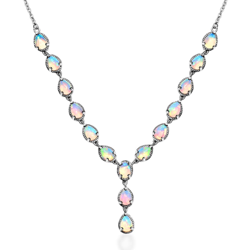 D'Joy Premium Ethiopian Welo Opal Necklace 18 Inches in Platinum Over Sterling Silver 6.70 ctw, Opal Necklace,Y shape necklace