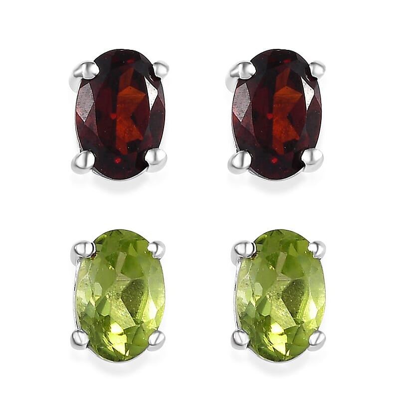 Set of 2 Mozambique Garnet and Peridot 2.00 ctw Stud Earrings in Sterling Silver