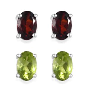 Set of 2 Mozambique Garnet and Peridot Stud Earrings in Sterling Silver 2.00 ctw