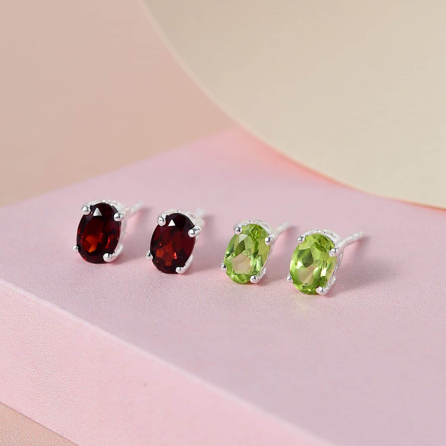 Set of 2 Mozambique Garnet and Peridot Stud Earrings in Sterling Silver  2.00 ctw