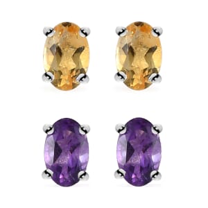 Set of 2 Amethyst and Brazilian Citrine Solitaire Stud Earrings in Sterling Silver 1.65 ctw