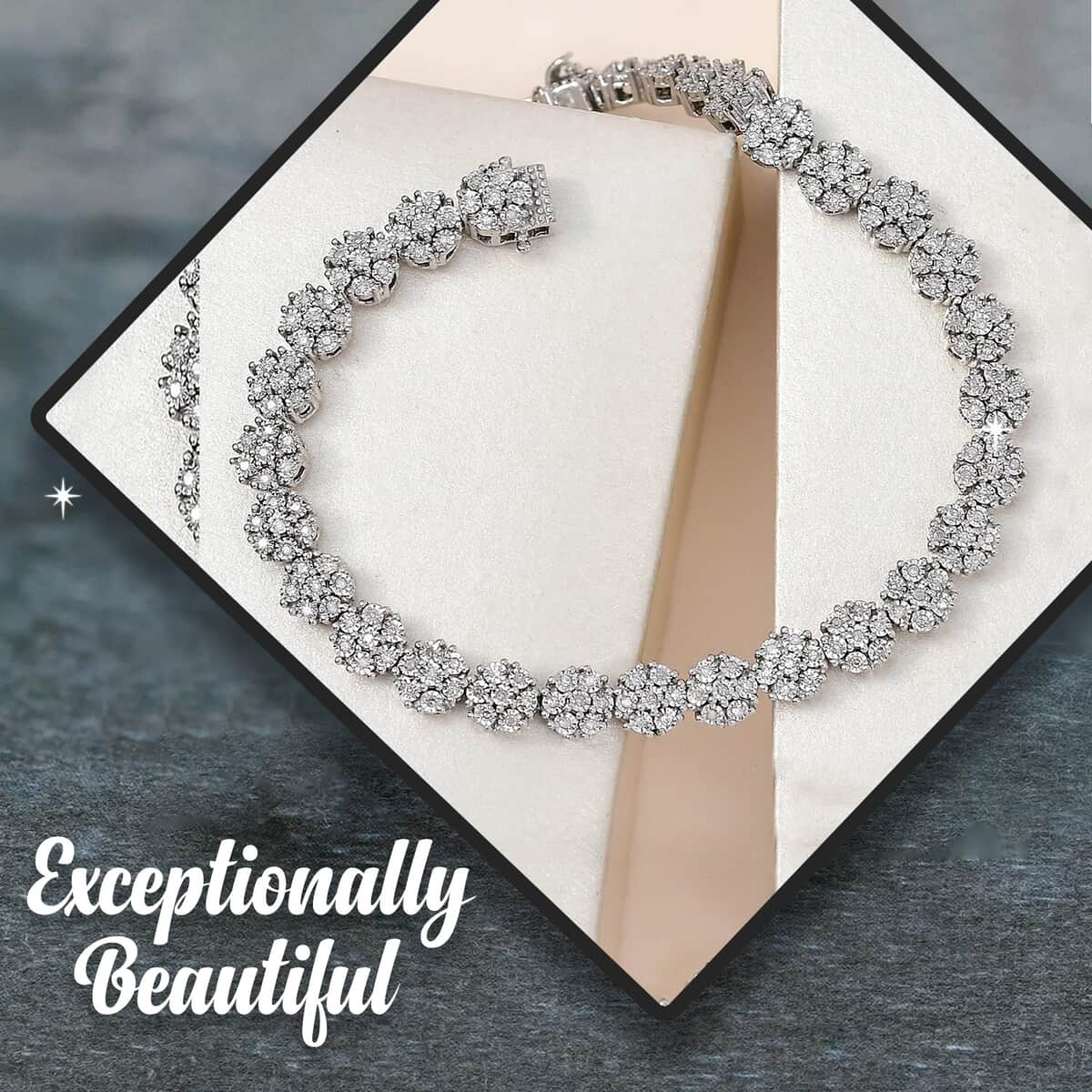 Diamond Bracelet in Platinum Over Sterling Silver| Silver Cluster Bracelet| Wedding Gifts (7.25 In) 1.00 ctw image number 1