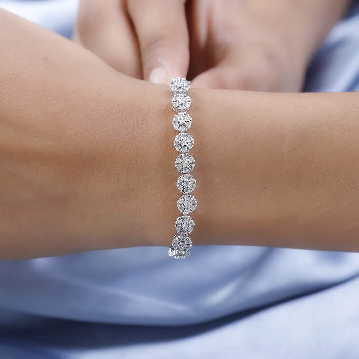 Diamond Bracelet in Platinum Over Sterling Silver| Silver Cluster Bracelet| Wedding Gifts (7.25 In) 1.00 ctw image number 4