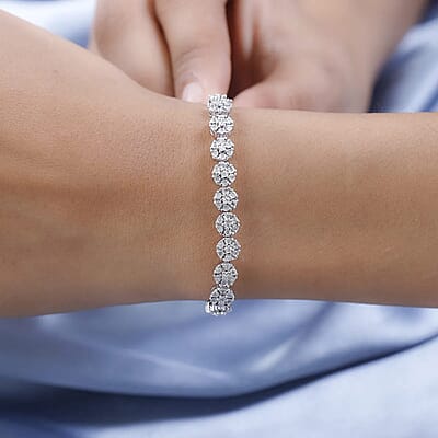 Diamond Bracelet in Platinum Over Sterling Silver, Silver Cluster Bracelet, Wedding Gifts For Her (7.25 In) 1.00 ctw