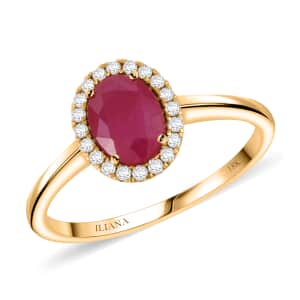 Iliana 18K Yellow Gold AAA Ruby and G-H SI Diamond Halo Ring (Size 10.0) 3.34 Grams 1.50 ctw