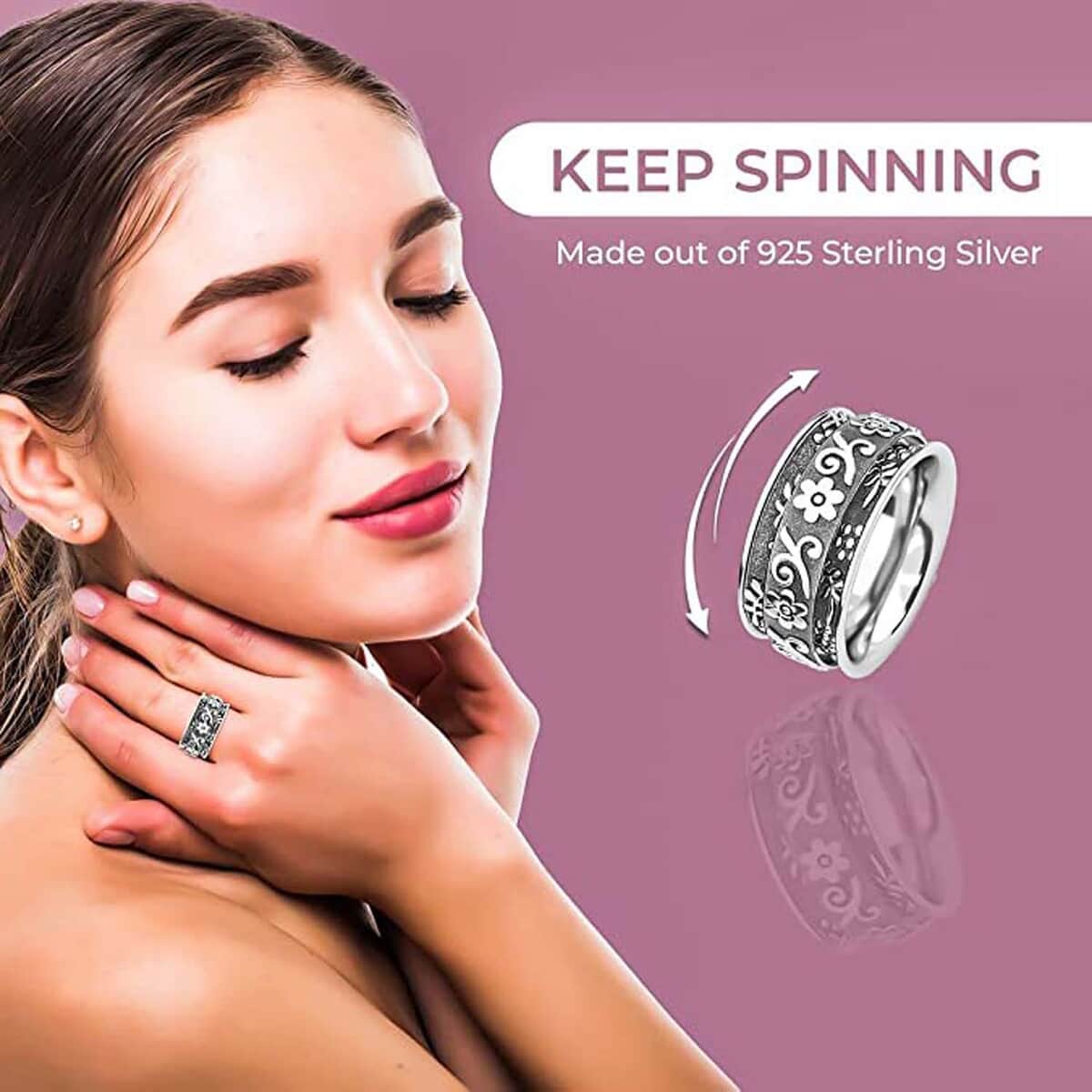 Sterling Silver Floral Spinner Ring, Anxiety Ring for Women, Fidget Rings for Anxiety for Women, Stress Relieving Anxiety Ring, Promise Rings (Size 6.0) (6.50 g) image number 4