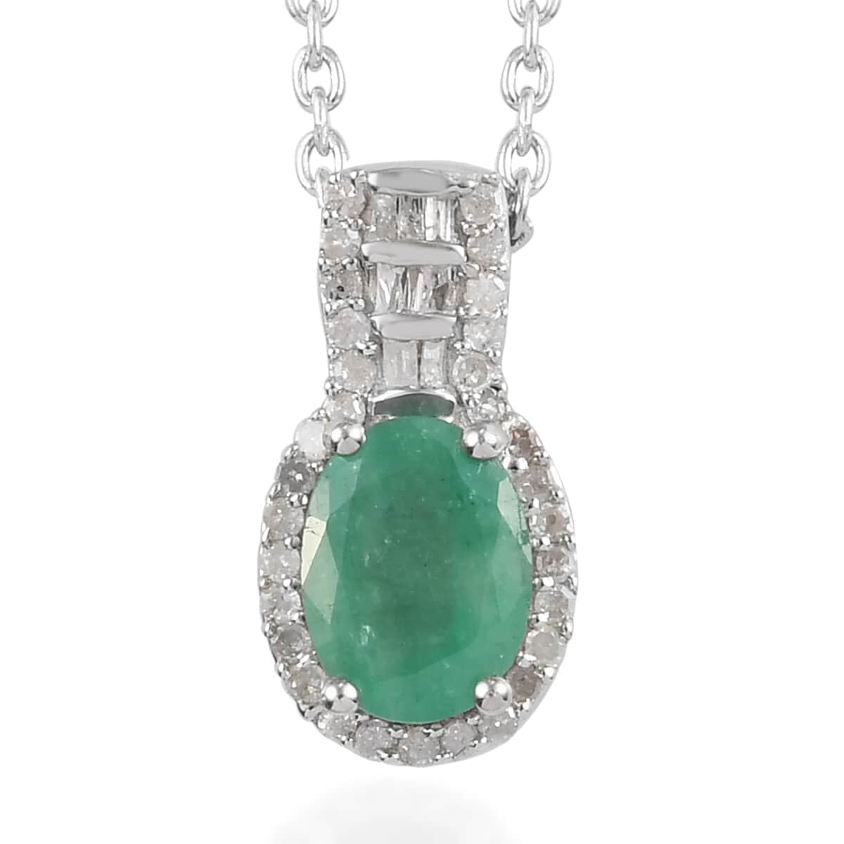 Premium Kagem Zambian Emerald and Diamond Pendant Necklace 20 Inches in Platinum Over Sterling Silver 1.40 ctw image number 0