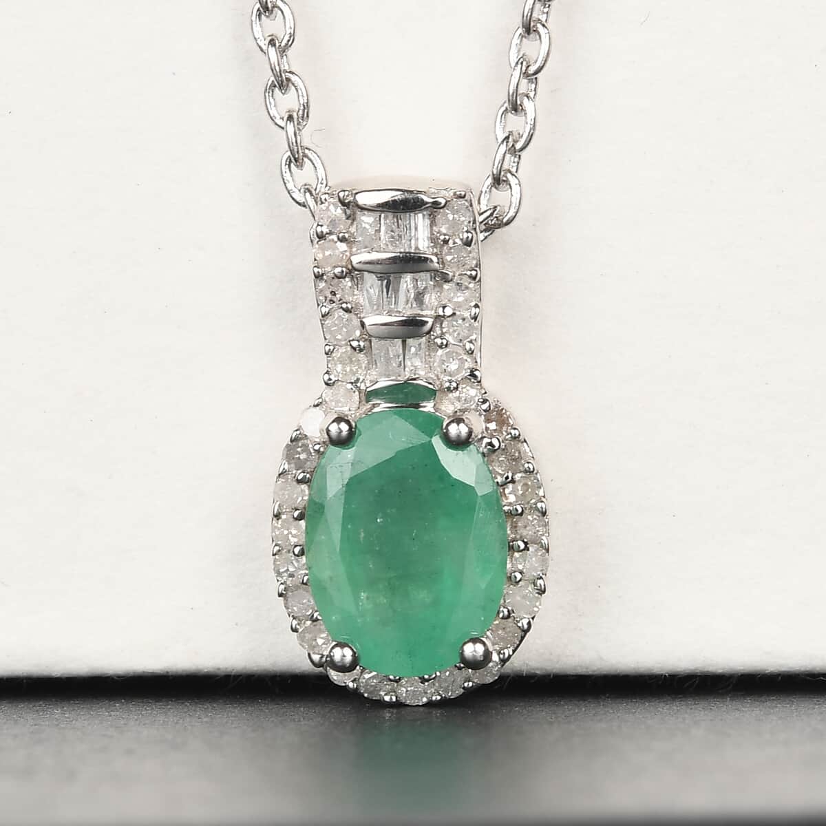 Premium Kagem Zambian Emerald and Diamond Pendant Necklace 20 Inches in Platinum Over Sterling Silver 1.40 ctw image number 1