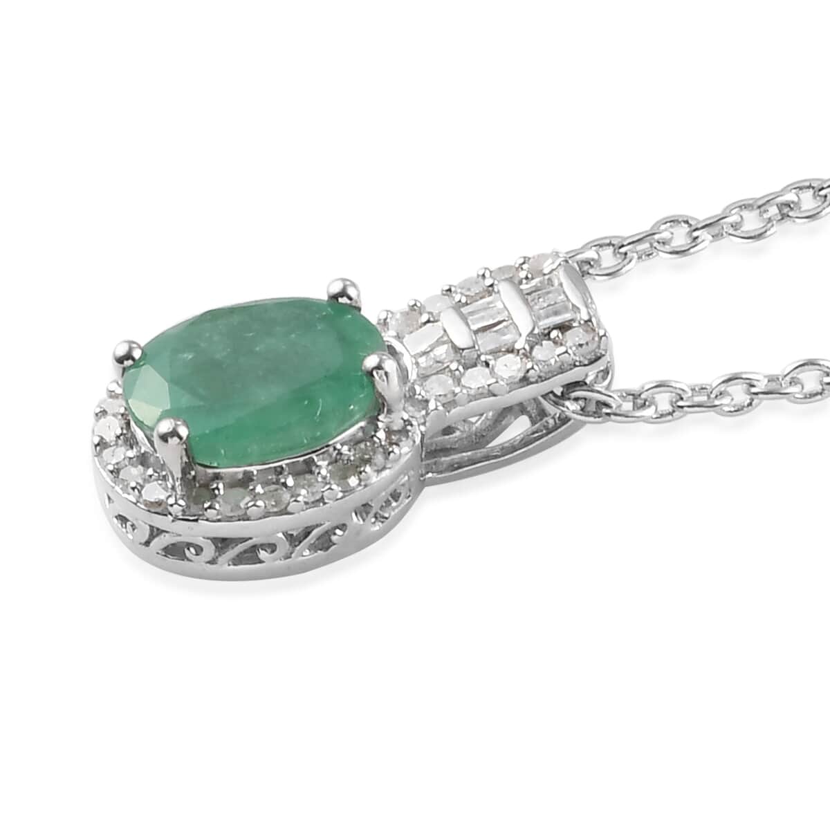 Premium Kagem Zambian Emerald and Diamond Pendant Necklace 20 Inches in Platinum Over Sterling Silver 1.40 ctw image number 3