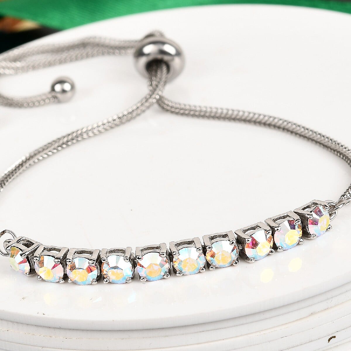 Karis Aurora Borealis Crystal Bolo Bracelet in Platinum Bond and Stainless Steel image number 1