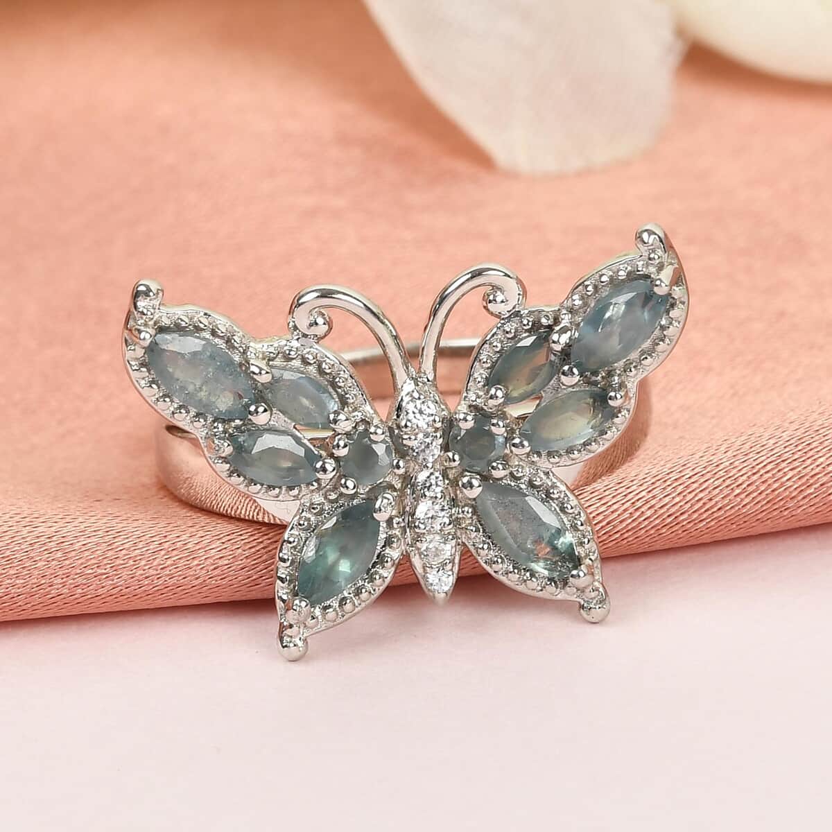 Narsipatnam Alexandrite and Natural White Zircon Butterfly Ring in Platinum Over Sterling Silver 1.10 ctw image number 1
