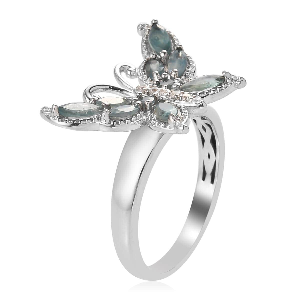 Narsipatnam Alexandrite and Natural White Zircon Butterfly Ring in Platinum Over Sterling Silver 1.10 ctw image number 3