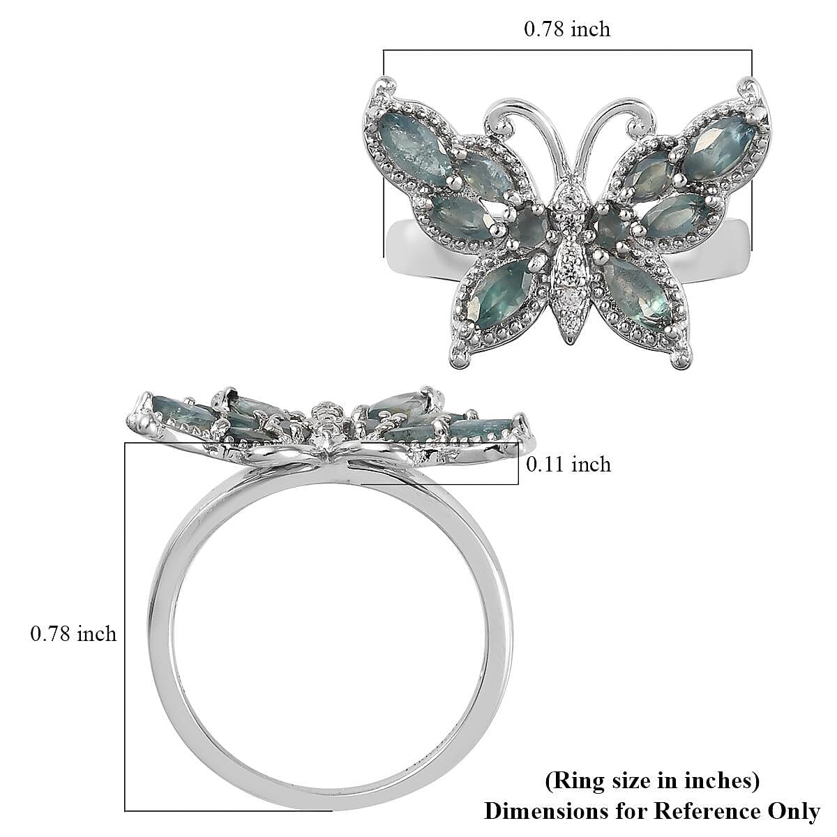 Narsipatnam Alexandrite and Natural White Zircon Butterfly Ring in Platinum Over Sterling Silver (Size 10.0) 1.10 ctw